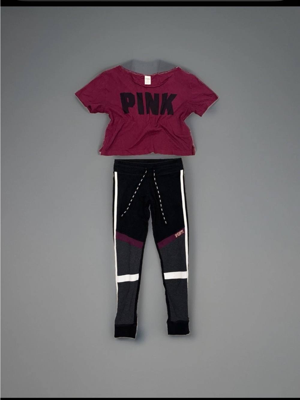 PINK Victorias Secret McBling 2PC Set Maroon Off Sholder Cropped Top Joggers (M)